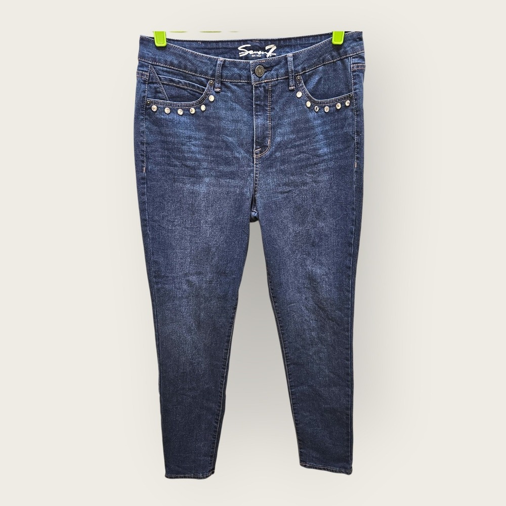 Seven7 Womens High Rise Skinny Jeans Dark Wash Rhinestone Studded Size 8 Blue